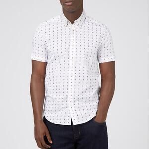 Ben Sherman Shirt Mens Small NWT Short Sleeve Button Geometric White Mod Classic